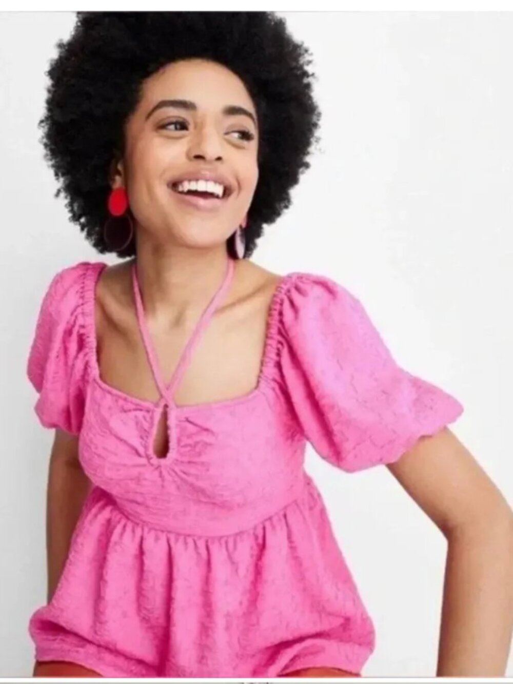 Future Collective Pink Puff Sleeve Tie Front Top Barbiecore Medium